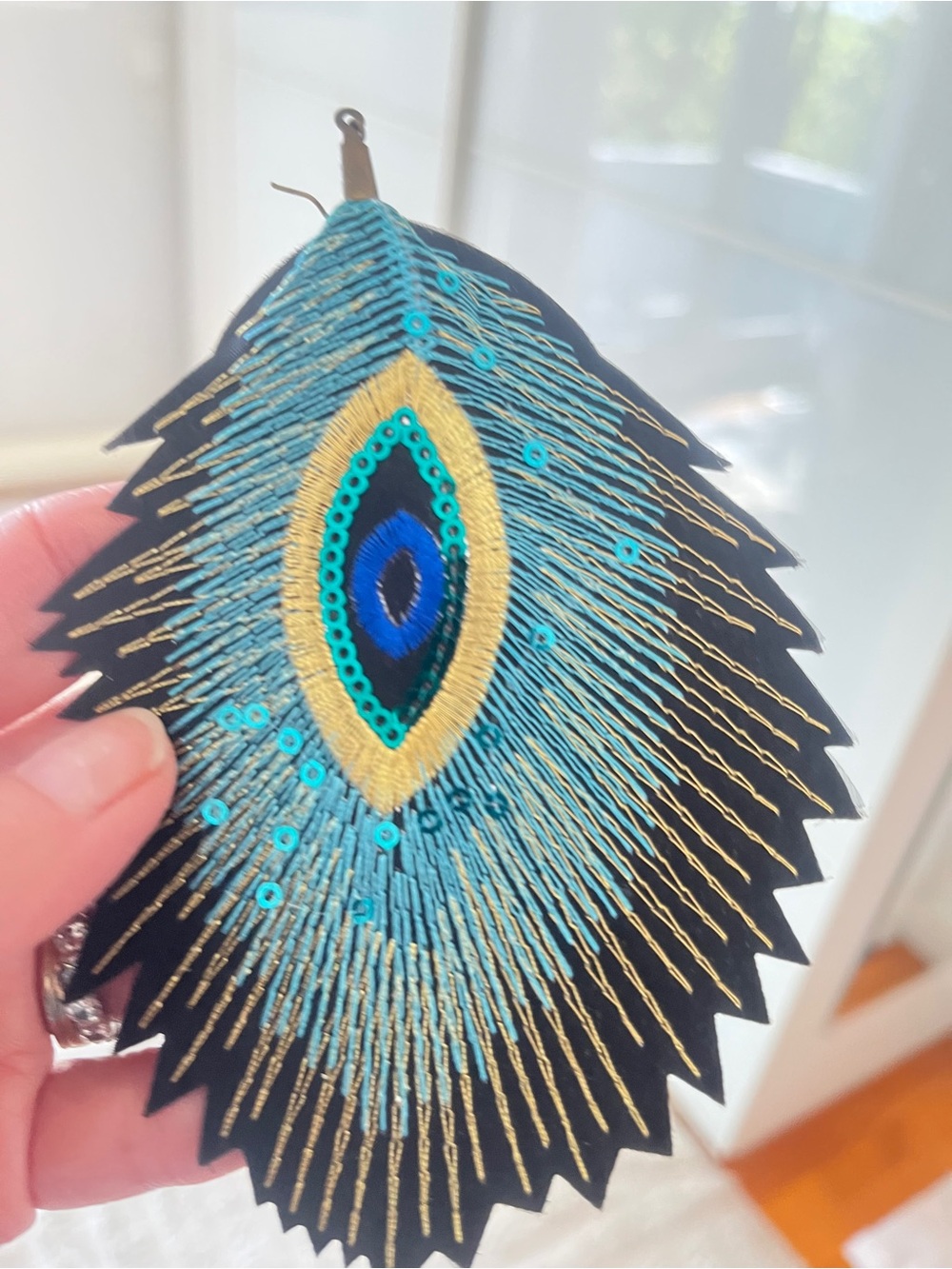 Vintage Peacock Feather Statement Earrings in Teal, Gold, Blue on Black - Picture 4 of 4